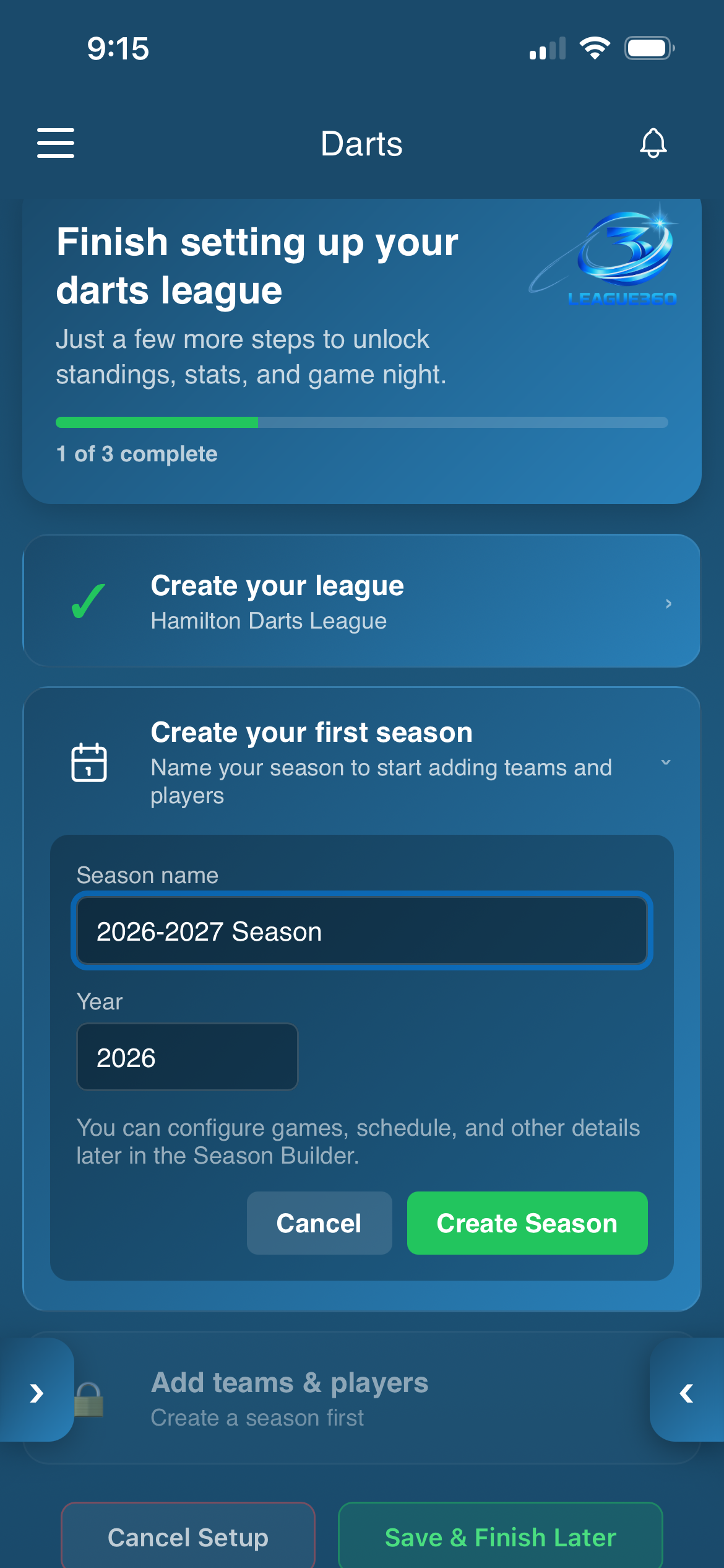 Darts League Setup